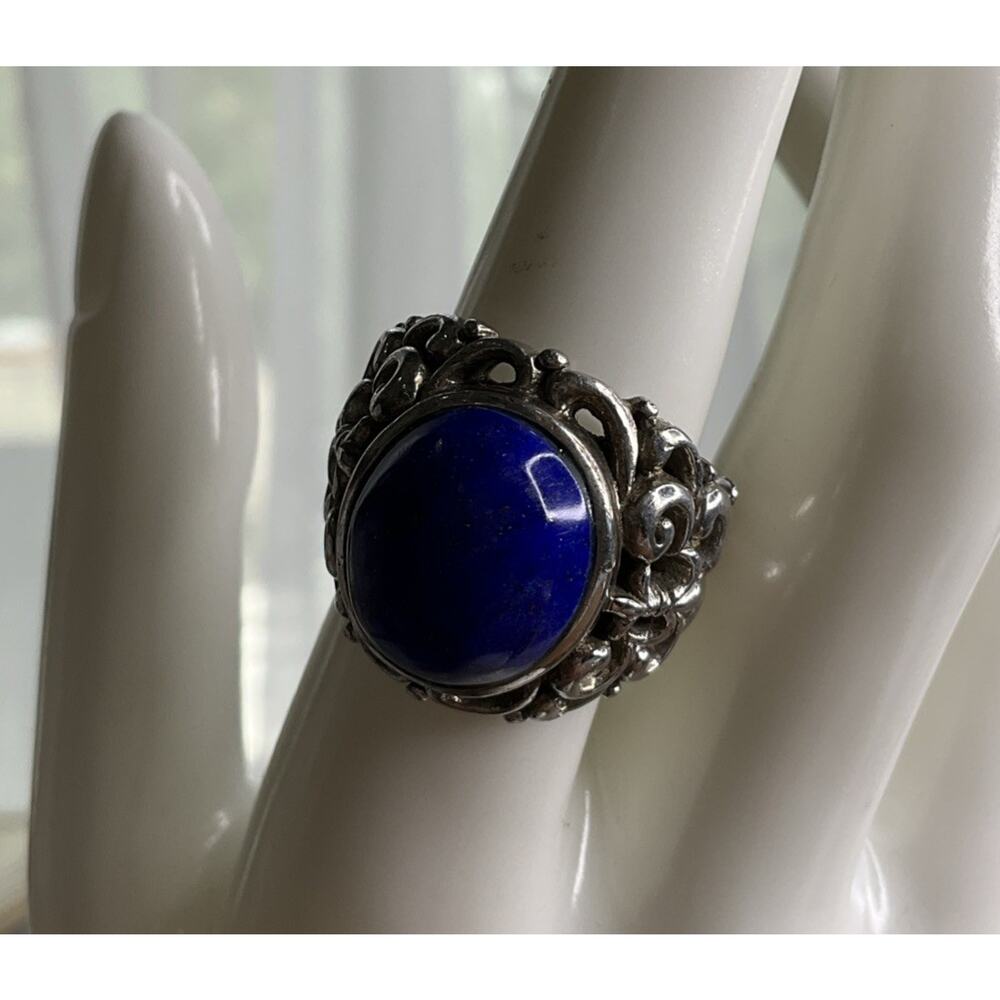 Vintage Lapis Lazuli Sterling Silver Ring Thailand J Filigree Statement Size 7.5 - Picture 6 of 8